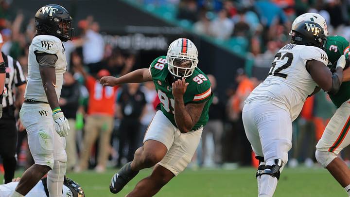 Nov 23, 2024; Miami Gardens, Florida, USA; Miami Hurricanes defensive lineman Ahmad Moten Sr. (99) reacts after sacking Wake Forest Demon Deacons quarterback Hank Bachmeier (not pictured) during the third quarter at Hard Rock Stadium. Mandatory Credit: Sam Navarro-Imagn Images