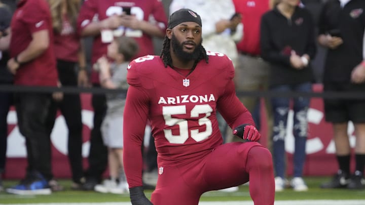 Arizona Cardinals linebacker Baron Browning (53) warms up before playing against the New York Jets at State Farm Stadium in Glendale on Nov. 10, 2024. Arizona Cardinals linebacker Baron Browning (53) warms up before playing against the New York Jets at State Farm Stadium in Glendale on Nov. 10, 2024.