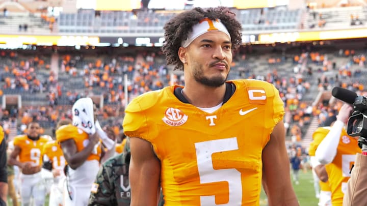 Tennessee wide receiver Bru McCoy (5) after a NCAA football game between Tennessee and UTEP in Neyland Stadium on Saturday, November 23, 2024. Tennessee wide receiver Bru McCoy (5) after a NCAA football game between Tennessee and UTEP in Neyland Stadium on Saturday, November 23, 2024.