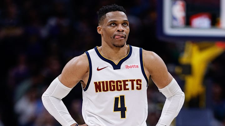 Apr 1, 2025; Denver, Colorado, USA; Denver Nuggets guard Russell Westbrook (4) in overtime against the Minnesota Timberwolves at Ball Arena. Mandatory Credit: Isaiah J. Downing-Imagn Images