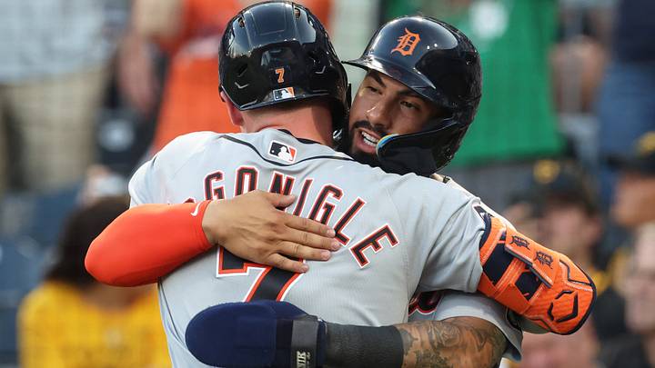 Detroit Tigers designated hitter Gleyber Torres (right) congratulates third baseman Kevin McGonigle (7) on crossing home plate on a two-run home run. Credit: Charles LeClaire-Imagn Images Detroit Tigers designated hitter Gleyber Torres (right) congratulates third baseman Kevin McGonigle (7) on crossing home plate on a two-run home run. Credit: Charles LeClaire-Imagn Images