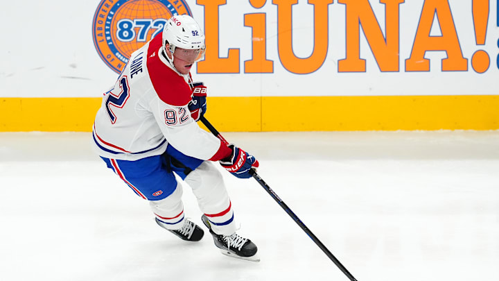 Dec 31, 2024; Las Vegas, Nevada, USA; Montreal Canadiens right wing Patrik Laine (92) skates against the Vegas Golden Knights during the third period at T-Mobile Arena. Mandatory Credit: Stephen R. Sylvanie-Imagn Images