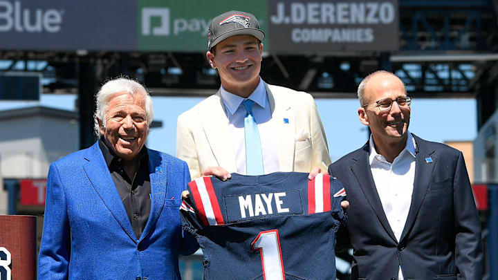 Apr 26, 2024; Foxborough, MA, USA; New England Patriots owner (L) Robert Kraft and president