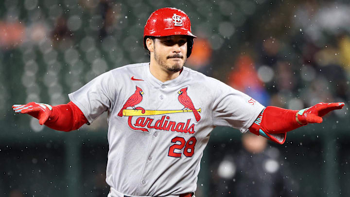 May 27, 2025; Baltimore, Maryland, USA; St. Louis Cardinals third baseman Nolan Arenado (28) celebrates after hitting a home run during the eighth inning against the Baltimore Orioles at Oriole Park at Camden Yards. Mandatory Credit: Daniel Kucin Jr.-Imagn Images