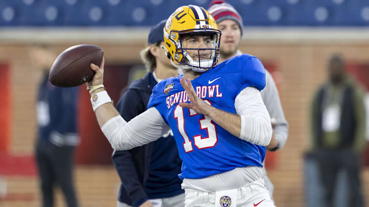 American Team quarterback Garrett Nussmeier (13) of LSU throws the ball during American Senior Bowl practice at Hancock Whitney Stadium. American Team quarterback Garrett Nussmeier (13) of LSU throws the ball during American Senior Bowl practice at Hancock Whitney Stadium.