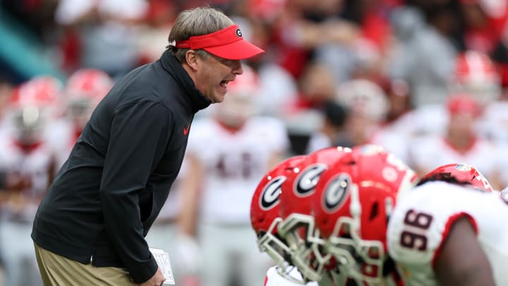 Dec 30, 2023; Miami Gardens, FL, USA; Georgia Bulldogs head coach Kirby Smart before the 2023 Orange Bowl against the Florida State Seminoles at Hard Rock Stadium. Mandatory Credit: Nathan Ray Seebeck-USA TODAY Sports Dec 30, 2023; Miami Gardens, FL, USA; Georgia Bulldogs head coach Kirby Smart before the 2023 Orange Bowl against the Florida State Seminoles at Hard Rock Stadium. Mandatory Credit: Nathan Ray Seebeck-USA TODAY Sports