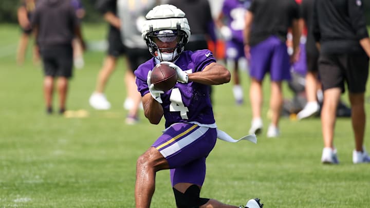 Jul 29, 2025; Eagan, MN, USA; Minnesota Vikings wide receiver Rondale Moore (4) takes part in drills during the teams training camp at the Minnesota Vikings Training Facility.