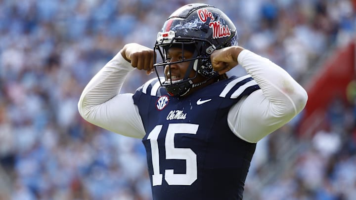Oct 26, 2024; Oxford, Mississippi, USA; Mississippi Rebels defensive linemen Jared Ivey (15) reacts during the second half against the Oklahoma Sooners at Vaught-Hemingway Stadium. Mandatory Credit: Petre Thomas-Imagn Images