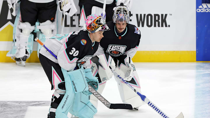 Feb 4, 2023; Sunrise, Florida, USA; Metropolitan Division goaltender (30) Ilya Sorokin New York Islanders talks with Metropolitan Division goaltender Igor Shesterkin (31) of the New York Rangers before the 2023 NHL All-Star Game at FLA Live Arena. Mandatory Credit: Sam Navarro-Imagn Images