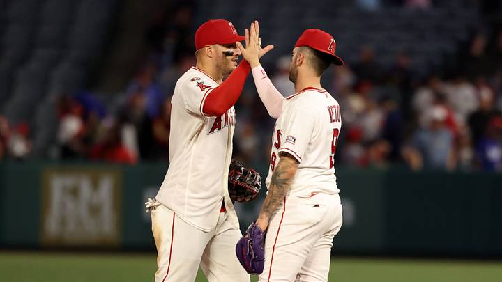 Aug 15, 2026; Anaheim, California, USA; Los Angeles Angels center fielder Mike Trout (27) and shortstop Zach Neto (9) celebrate after a 1-0 victory over the Kansas City Royals at Angel Stadium. Mandatory Credit: Kiyoshi Mio-Imagn Images Aug 15, 2026; Anaheim, California, USA; Los Angeles Angels center fielder Mike Trout (27) and shortstop Zach Neto (9) celebrate after a 1-0 victory over the Kansas City Royals at Angel Stadium. Mandatory Credit: Kiyoshi Mio-Imagn Images