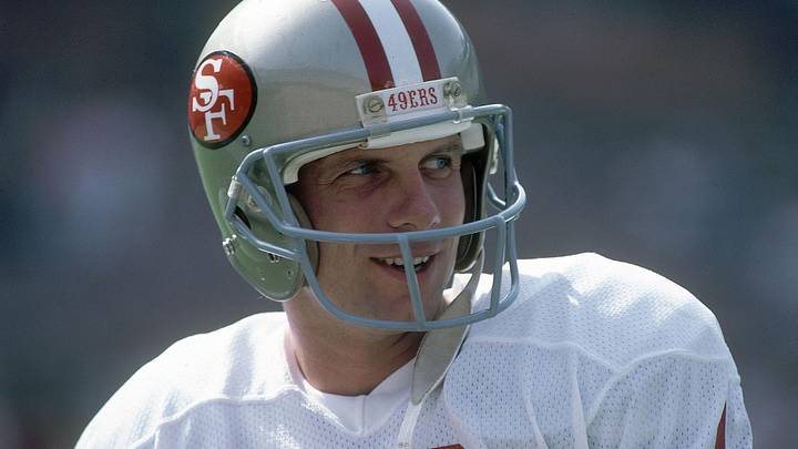 1985 - San Francisco 49ers quarterback Joe Montana (16) on the field prior to a game against the Los Angeles Rams at Anaheim Stadium. 
