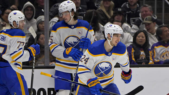 Jan 24, 2024; Los Angeles, California, USA; Buffalo Sabres center Dylan Cozens (24), right, is