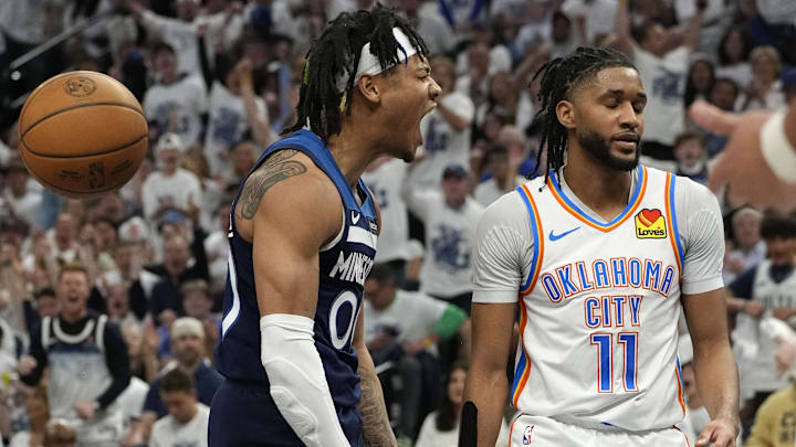 May 24, 2025; Minneapolis, Minnesota, USA; Minnesota Timberwolves guard Terrence Shannon Jr. (00) reacts against the Oklahoma City Thunder during the second half in game three of the western conference finals for the 2025 NBA Playoffs at Target Center. Mandatory Credit: Bruce Kluckhohn-Imagn Images
