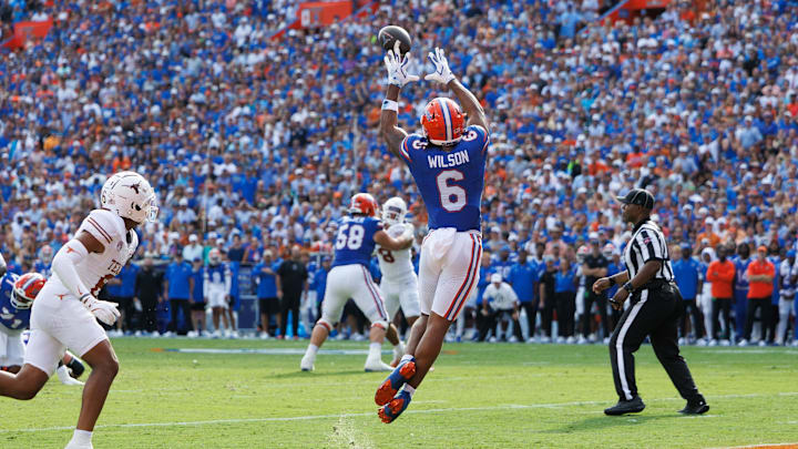 Oct 4, 2025; Gainesville, Florida, USA; Florida Gators wide receiver Dallas Wilson (6) makes a catch for a touchdown against the Texas Longhorns during the first half at Ben Hill Griffin Stadium. Mandatory Credit: Matt Pendleton-Imagn Images