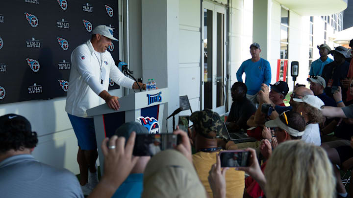Tennessee Titans Head Coach Mike Vrabel fields questions during a press conference after preseason