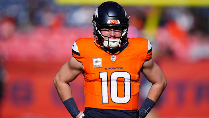 Nov 17, 2024; Denver, Colorado, USA; Denver Broncos quarterback Bo Nix (10) before the game against the Atlanta Falcons at Empower Field at Mile High. Nov 17, 2024; Denver, Colorado, USA; Denver Broncos quarterback Bo Nix (10) before the game against the Atlanta Falcons at Empower Field at Mile High.