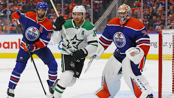 May 27, 2024; Edmonton, Alberta, CAN;   Dallas Stars forward Joe Pavelski (16) tries to screen Edmonton Oilers goaltender Stuart Skinner (74) during the second period in game three of the Western Conference Final of the 2024 Stanley Cup Playoffs at Rogers Place. Mandatory Credit: Perry Nelson-USA TODAY Sports