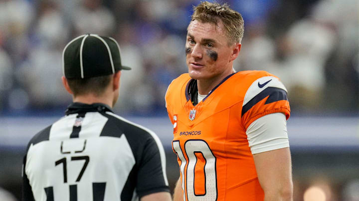 Denver Broncos quarterback Bo Nix (10) talks to an official Sunday, Sept. 14, 2025, during a game against the Indianapolis Colts at Lucas Oil Stadium in Indianapolis. Denver Broncos quarterback Bo Nix (10) talks to an official Sunday, Sept. 14, 2025, during a game against the Indianapolis Colts at Lucas Oil Stadium in Indianapolis.