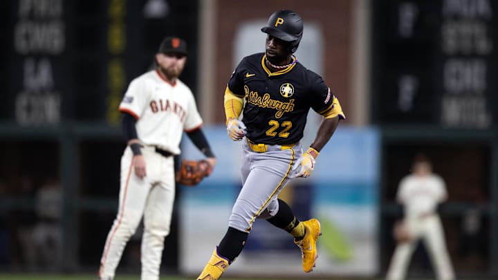 Jul 28, 2025; San Francisco, California, USA; Pittsburgh Pirates designated hitter Andrew McCutchen (22) runs out his two-run home run against the San Francisco Giants during the seventh inning at Oracle Park. Mandatory Credit: D. Ross Cameron-Imagn Images Jul 28, 2025; San Francisco, California, USA; Pittsburgh Pirates designated hitter Andrew McCutchen (22) runs out his two-run home run against the San Francisco Giants during the seventh inning at Oracle Park. Mandatory Credit: D. Ross Cameron-Imagn Images
