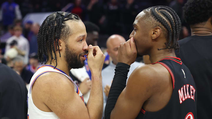 Jan 24, 2026; Philadelphia, Pennsylvania, USA; New York Knicks guard Jalen Brunson (11) and Philadelphia 76ers guard Tyrese Maxey (0) talk after the game at Xfinity Mobile Arena. Mandatory Credit: Bill Streicher-Imagn Images