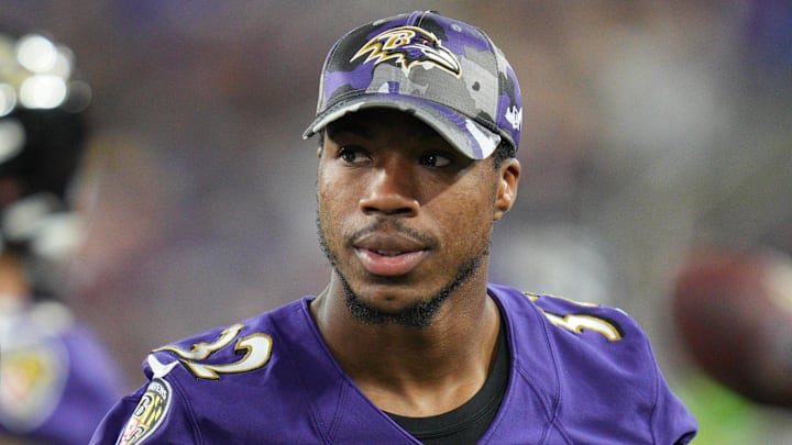 Aug 27, 2022; Baltimore, Maryland, USA;  Baltimore Ravens safety Marcus Williams (32) on the sidelines during the third quarter against the Washington Commanders at M&T Bank Stadium. Mandatory Credit: Jessica Rapfogel-Imagn Images