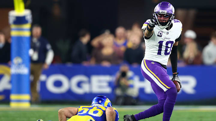 Minnesota Vikings wide receiver Justin Jefferson reacts after a catch against the Los Angeles Rams during the first half in an NFC wild-card game at State Farm Stadium in Glendale, Ariz., on Jan. 13, 2025.