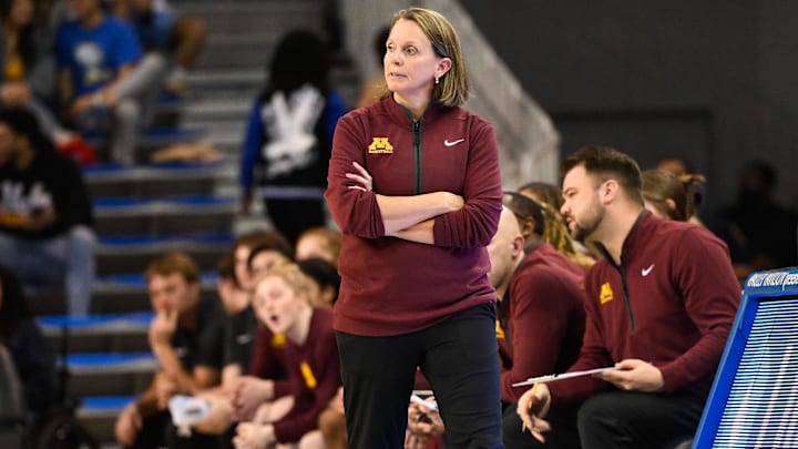 Minnesota coach Dawn Plitzuweit on the sidelines during the fourth quarter against UCLA at Pauley Pavilion presented by Wescom in Los Angeles on Feb. 2, 2025. Minnesota coach Dawn Plitzuweit on the sidelines during the fourth quarter against UCLA at Pauley Pavilion presented by Wescom in Los Angeles on Feb. 2, 2025.