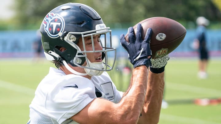 Tennessee Titans wide receiver Kyle Philips (18) pulls in a catch during practice at Ascension Saint Thomas Sports Park Monday, Sept. 5, 2022, in Nashville, Tenn.

Nas 0905 Titans 023