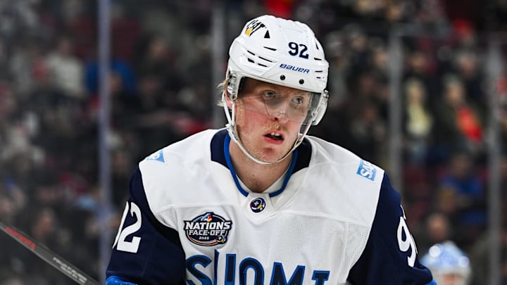 Feb 13, 2025; Montreal, Quebec, CAN; [Imagn Images direct customers only] Team Finland forward Patrik Laine (92) looks on in warm-up before a game against Team USA during a 4 Nations Face-Off ice hockey game at Bell Centre. Mandatory Credit: David Kirouac-Imagn Images