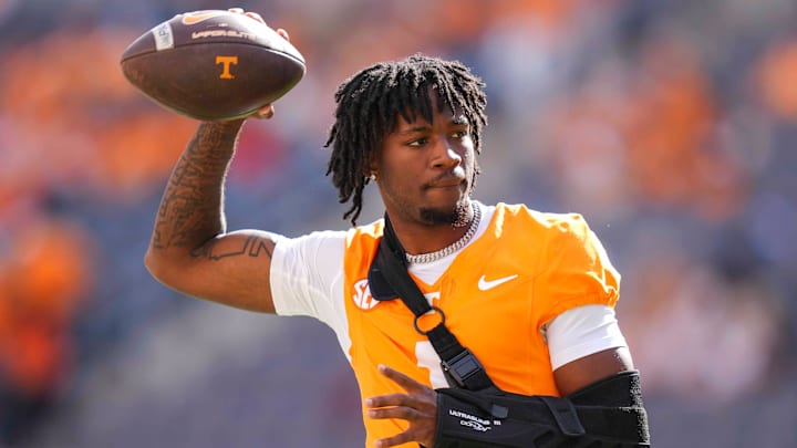 Tennessee defensive back Rickey Gibson III (1) throws the ball during warm-ups before a college football game between Tennessee and Arkansas at Neyland Stadium in Knoxville, Tenn., on Oct. 11, 2025. Tennessee defensive back Rickey Gibson III (1) throws the ball during warm-ups before a college football game between Tennessee and Arkansas at Neyland Stadium in Knoxville, Tenn., on Oct. 11, 2025.