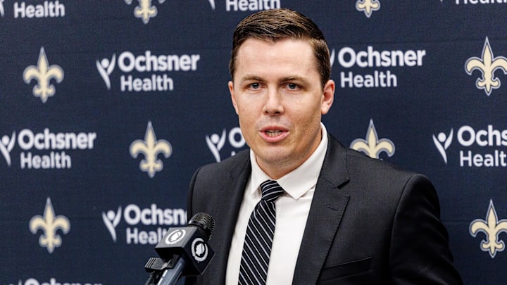Feb 13, 2025; New Orleans, LA, USA;  New Orleans Saints introduce Kellen Moore as the head coach and he addresses the media at Ochsner Sports Performance Center. Mandatory Credit: Stephen Lew-Imagn Images