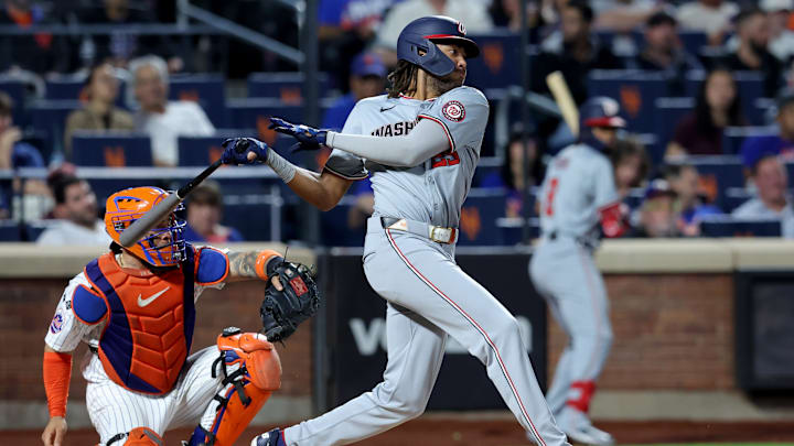 Sep 17, 2024; New York City, New York, USA; Washington Nationals left fielder James Wood (29) follows through on a run scoring fielders choice during the third inning against the New York Mets at Citi Field. Sep 17, 2024; New York City, New York, USA; Washington Nationals left fielder James Wood (29) follows through on a run scoring fielders choice during the third inning against the New York Mets at Citi Field.