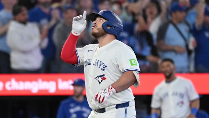 Toronto Blue Jays catcher Alejandro Kirk (30) celebrates after hitting a three-run home run against the Tampa Bay Rays. Toronto Blue Jays catcher Alejandro Kirk (30) celebrates after hitting a three-run home run against the Tampa Bay Rays.