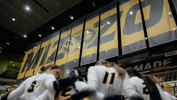 Mizzou volleyball in a team huddle getting ready for their match-ups on Saturday, Sept. 15, 2024. Mizzou volleyball in a team huddle getting ready for their match-ups on Saturday, Sept. 15, 2024.