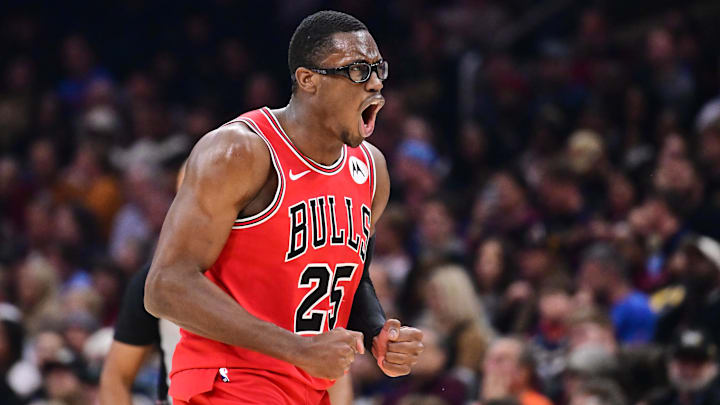 Nov 8, 2025; Cleveland, Ohio, USA; Chicago Bulls forward Jalen Smith (25) celebrates after hitting a three point basket against the Cleveland Cavaliers during the first half at Rocket Arena. Mandatory Credit: Ken Blaze-Imagn Images