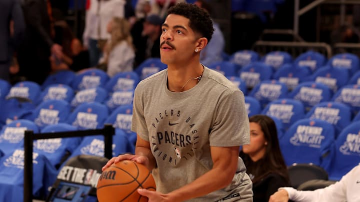 Oct 25, 2024; New York, New York, USA; Indiana Pacers guard Ben Sheppard (26) warms up before a game against the New York Knicks at Madison Square Garden. Mandatory Credit: Brad Penner-Imagn Images