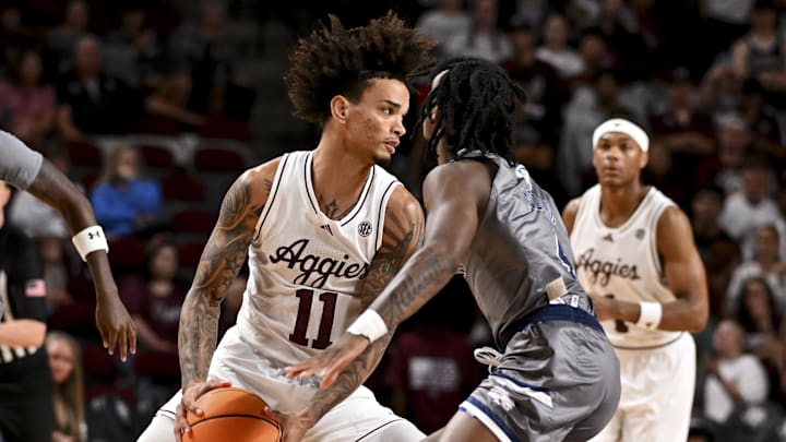 Nov 8, 2024; College Station, Texas, USA; Texas A&M Aggies forward Andersson Garcia (11) looks to pass the ball against the East Texas A&M during the first half at Reed Arena. Nov 8, 2024; College Station, Texas, USA; Texas A&M Aggies forward Andersson Garcia (11) looks to pass the ball against the East Texas A&M during the first half at Reed Arena.