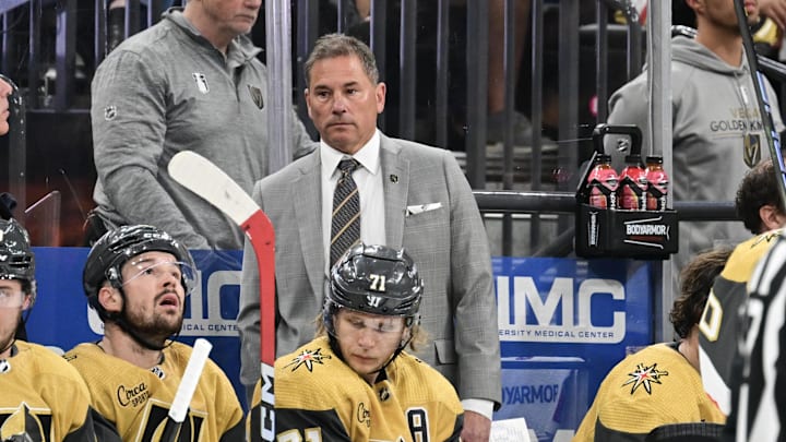 Apr 27, 2024; Las Vegas, Nevada, USA; Vegas Golden Knights head coach Bruce Cassidy looks on during the third period against the Dallas Stars in game three of the first round of the 2024 Stanley Cup Playoffs at T-Mobile Arena. Mandatory Credit: Candice Ward-Imagn Images Apr 27, 2024; Las Vegas, Nevada, USA; Vegas Golden Knights head coach Bruce Cassidy looks on during the third period against the Dallas Stars in game three of the first round of the 2024 Stanley Cup Playoffs at T-Mobile Arena. Mandatory Credit: Candice Ward-Imagn Images