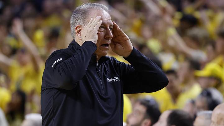 Mar 8, 2026; Ann Arbor, Michigan, USA;  Michigan State Spartans head coach Tom Izzo reacts during the second half against the Michigan Wolverines at Crisler Center. Mandatory Credit: Rick Osentoski-Imagn Images