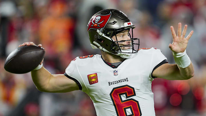 Nov 4, 2024; Kansas City, Missouri, USA; Tampa Bay Buccaneers quarterback Baker Mayfield (6) throws a pass during the first half against the Kansas City Chiefs at GEHA Field at Arrowhead Stadium. Mandatory Credit: Jay Biggerstaff-Imagn Images