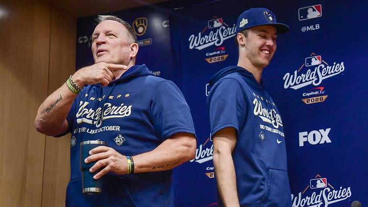 Oct 22, 2026; Milwaukee, WI, USA; Milwaukee Brewers manager Pat Murphy greets starting pitcher Jacob Misiorowski (32) during an interview before the 2026 World Series. Mandatory Credit: Benny Sieu-Imagn Images Oct 22, 2026; Milwaukee, WI, USA; Milwaukee Brewers manager Pat Murphy greets starting pitcher Jacob Misiorowski (32) during an interview before the 2026 World Series. Mandatory Credit: Benny Sieu-Imagn Images