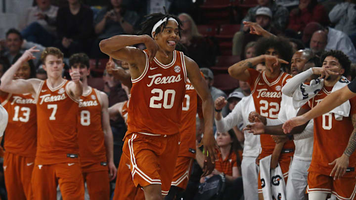 Mar 4, 2025; Starkville, Mississippi, USA; Texas Longhorns guard Tre Johnson (20) reacts after basket during the second half against the Mississippi State Bulldogs at Humphrey Coliseum. Mandatory Credit: Petre Thomas-Imagn Images