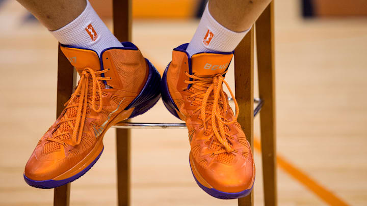 Jun. 10, 2013; Phoenix, AZ, USA: Detailed view of the Nike shoes worn by Phoenix Mercury center Brittney Griner during a team practice at the US Airways Center. Mandatory Credit: Mark J. Rebilas-Imagn Images