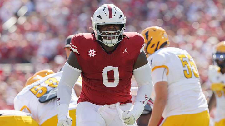 Oklahoma defensive lineman David Stone (0) celebrates after a play during the first half of an NCAA football game between the Oklahoma Sooners (OU) and Kent State Golden Flashes at Gaylord Family - Oklahoma Memorial Stadium in Norman, Okla., Saturday, Oct. 4, 2025.
