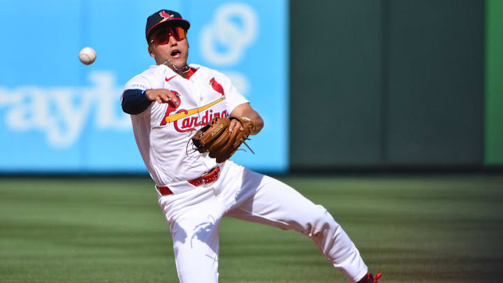 Mar 29, 2026; St. Louis, Missouri, USA; St. Louis Cardinals second baseman JJ Wetherholt (26) throws out Tampa Bay Rays left fielder Chandler Simpson (not pictured) during the seventh inning at Busch Stadium. Mandatory Credit: Jeff Curry-Imagn Images