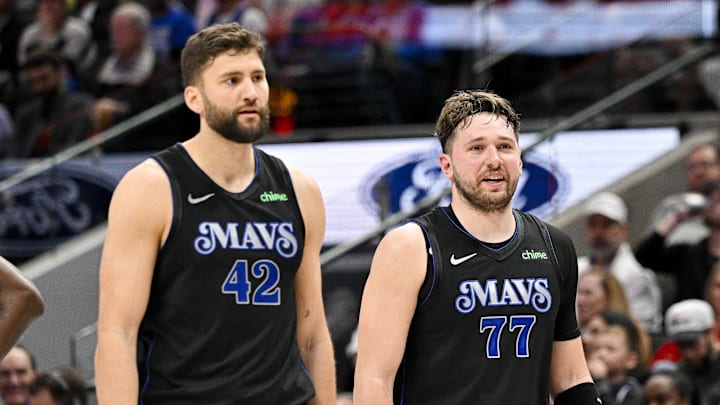 Feb 3, 2024; Dallas, Texas, USA; Dallas Mavericks forward Maxi Kleber (42) and guard Luka Doncic (77) during the game between the Dallas Mavericks and the Milwaukee Bucks at the American Airlines Center. Mandatory Credit: Jerome Miron-Imagn Images