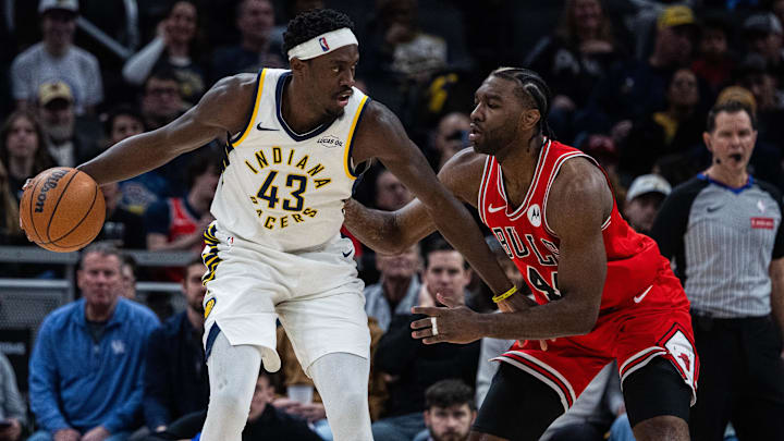 Jan 28, 2026; Indianapolis, Indiana, USA;  Indiana Pacers forward Pascal Siakam (43) dribbles the ball while Chicago Bulls forward Patrick Williams (44) defends in the first half at Gainbridge Fieldhouse. Mandatory Credit: Trevor Ruszkowski-Imagn Images