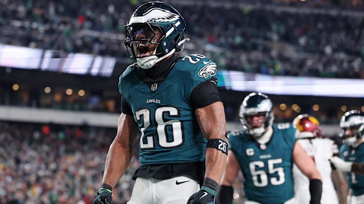 Jan 26, 2025; Philadelphia, PA, USA; Philadelphia Eagles running back Saquon Barkley (26) celebrates after a touchdown against the Washington Commanders during the second half in the NFC Championship game at Lincoln Financial Field. Mandatory Credit: Bill Streicher-Imagn Images
