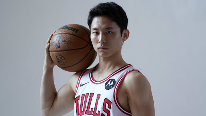 Sep 29, 2025; Chicago, IL, USA; Chicago Bulls guard Yuki Kawamura (8) poses for photos during Chicago Bulls Media Day.