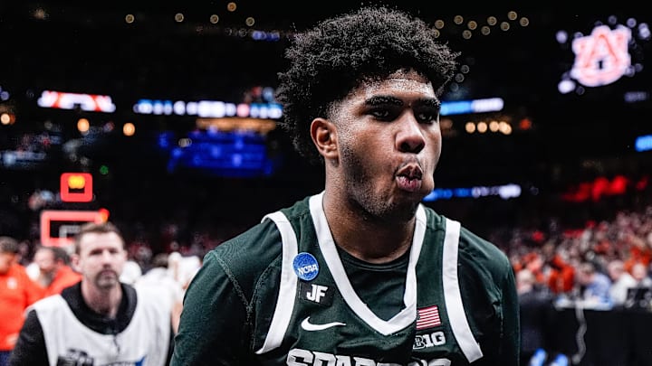 Michigan State guard Jase Richardson (11) exits the court after 70-64 loss to Auburn at the Elite Eight round of NCAA tournament at State Farm Arena in Atlanta, Ga. on Sunday, March 30, 2025.